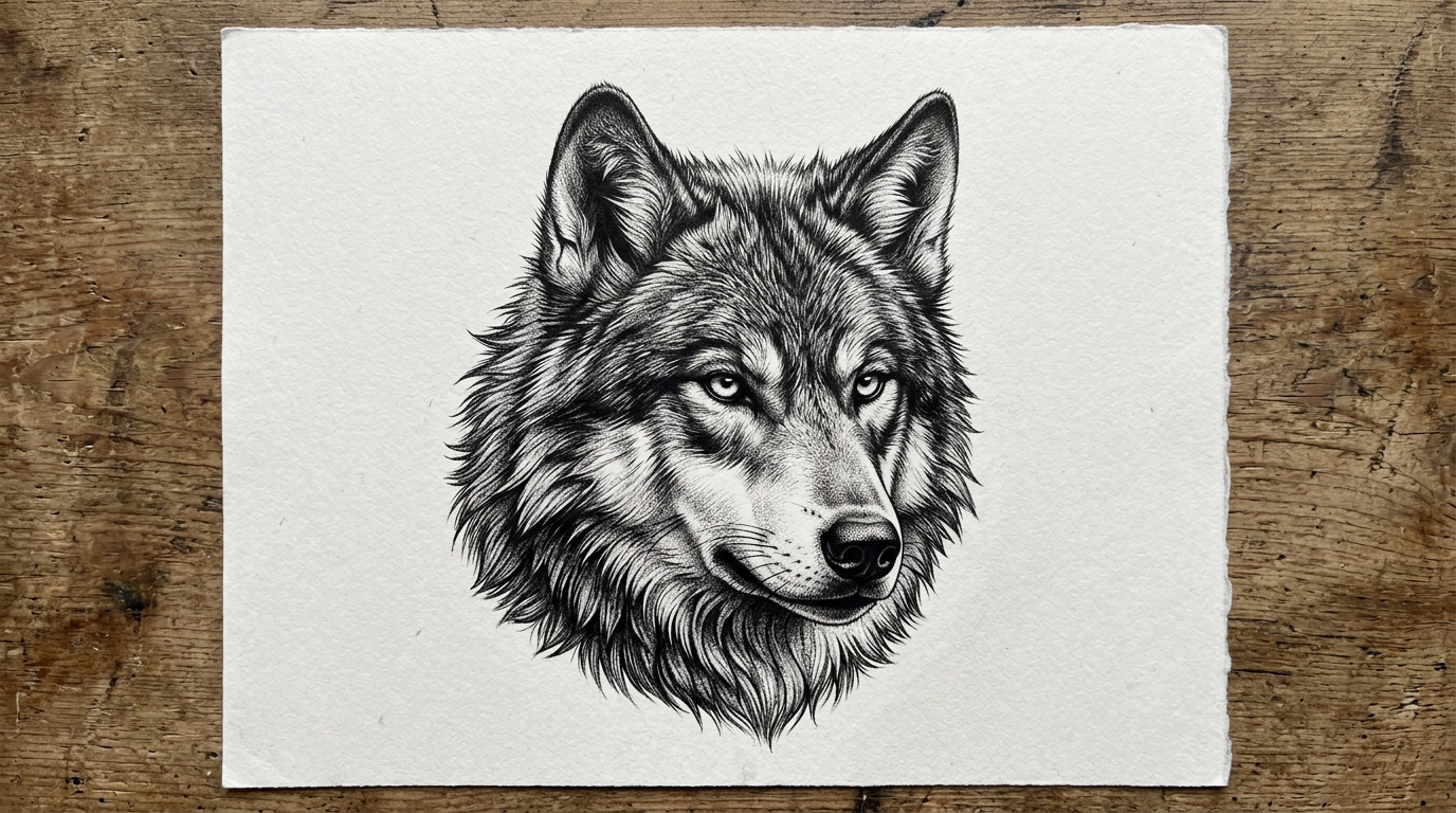 Эскиз тату в стиле реализм — голова волка с детальной штриховкой