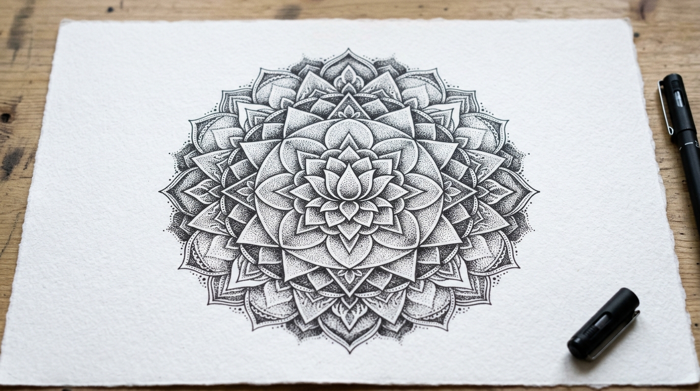 Эскиз тату в стиле дотворк — мандала из точек разной плотности
