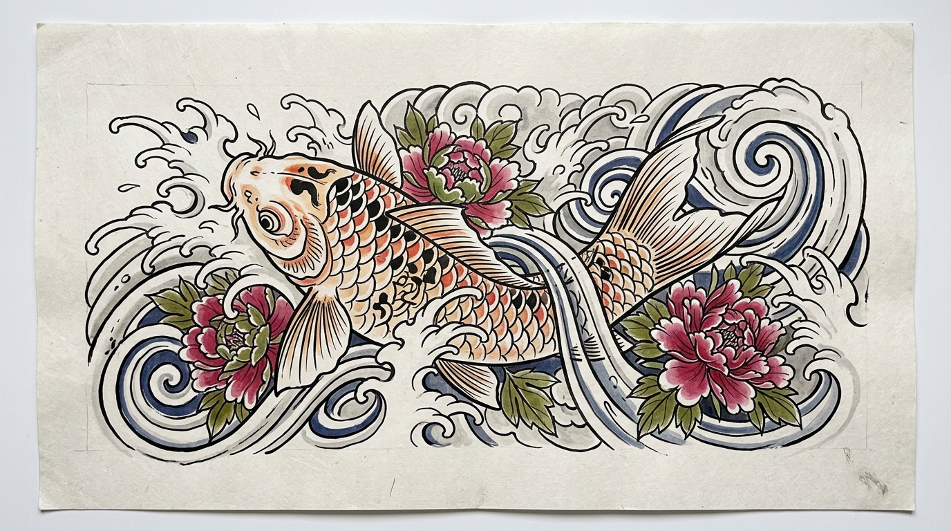 Эскиз тату в японском стиле ирэдзуми — карп кои в волнах с пионами