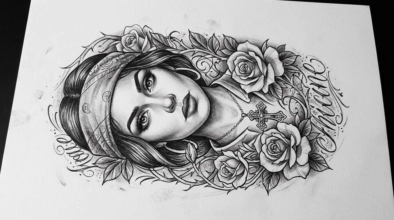 Эскиз тату в стиле чикано — портрет женщины с розами и мягкой штриховкой