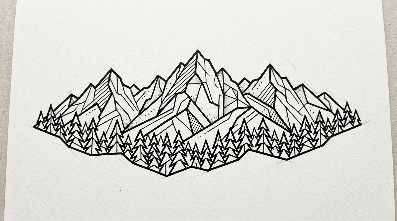 Эскиз тату в стиле графика — горный пейзаж с соснами чёткими линиями