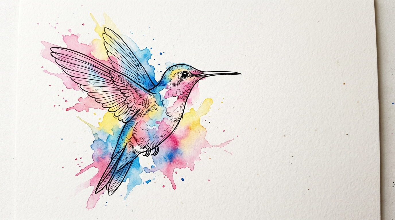 Эскиз тату в стиле акварель — колибри с цветными разводами