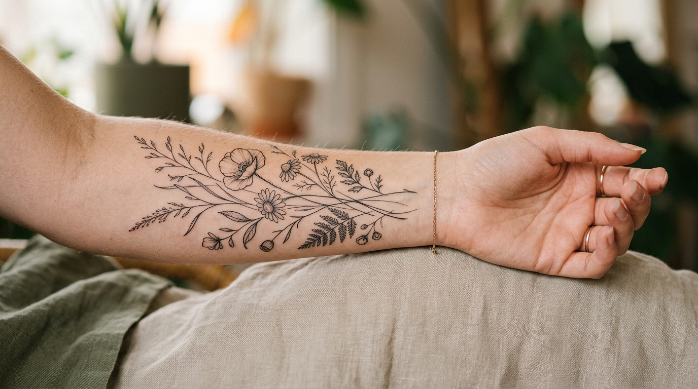 Фото тату на предплечье — минималистичные полевые цветы фирменной линией