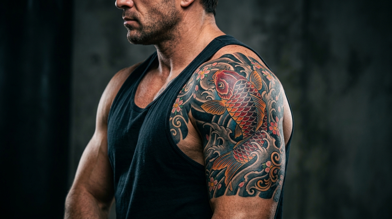 Фото тату на плече — японский карп кои в волнах, яркий цвет