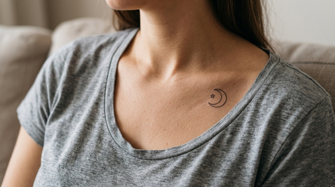 Фото тату на ключице — маленькая луна и звезда тонкой линией