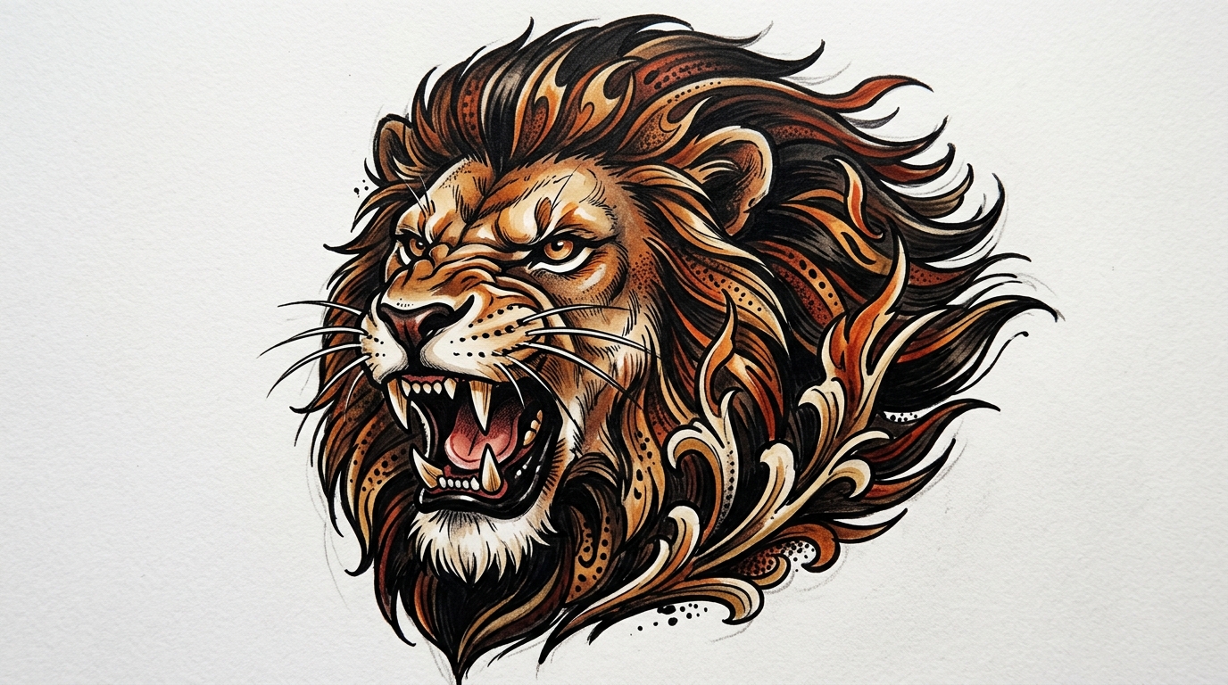 Мужской эскиз тату — голова льва в нео-традишнл стиле