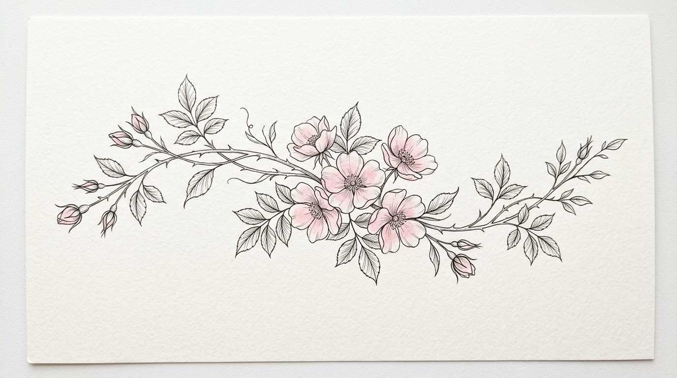 Женский эскиз тату — ветка роз с листьями тонкой линией