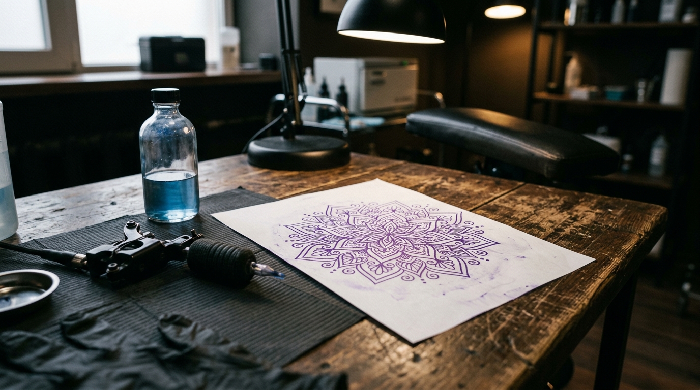 Трафарет тату мандала фиолетовым на бумаге в тату-студии