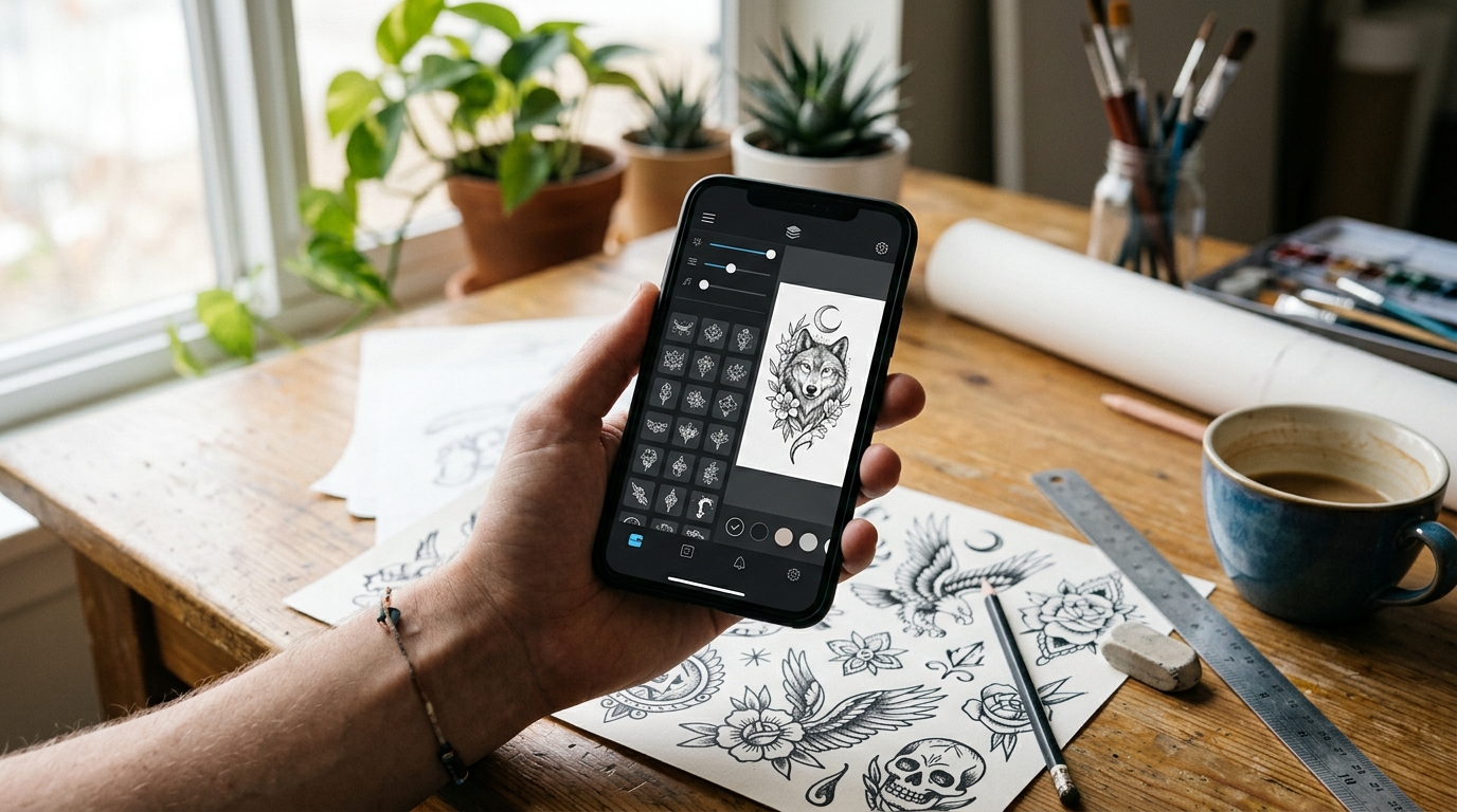 Процесс создания эскиза тату в приложении на смартфоне
