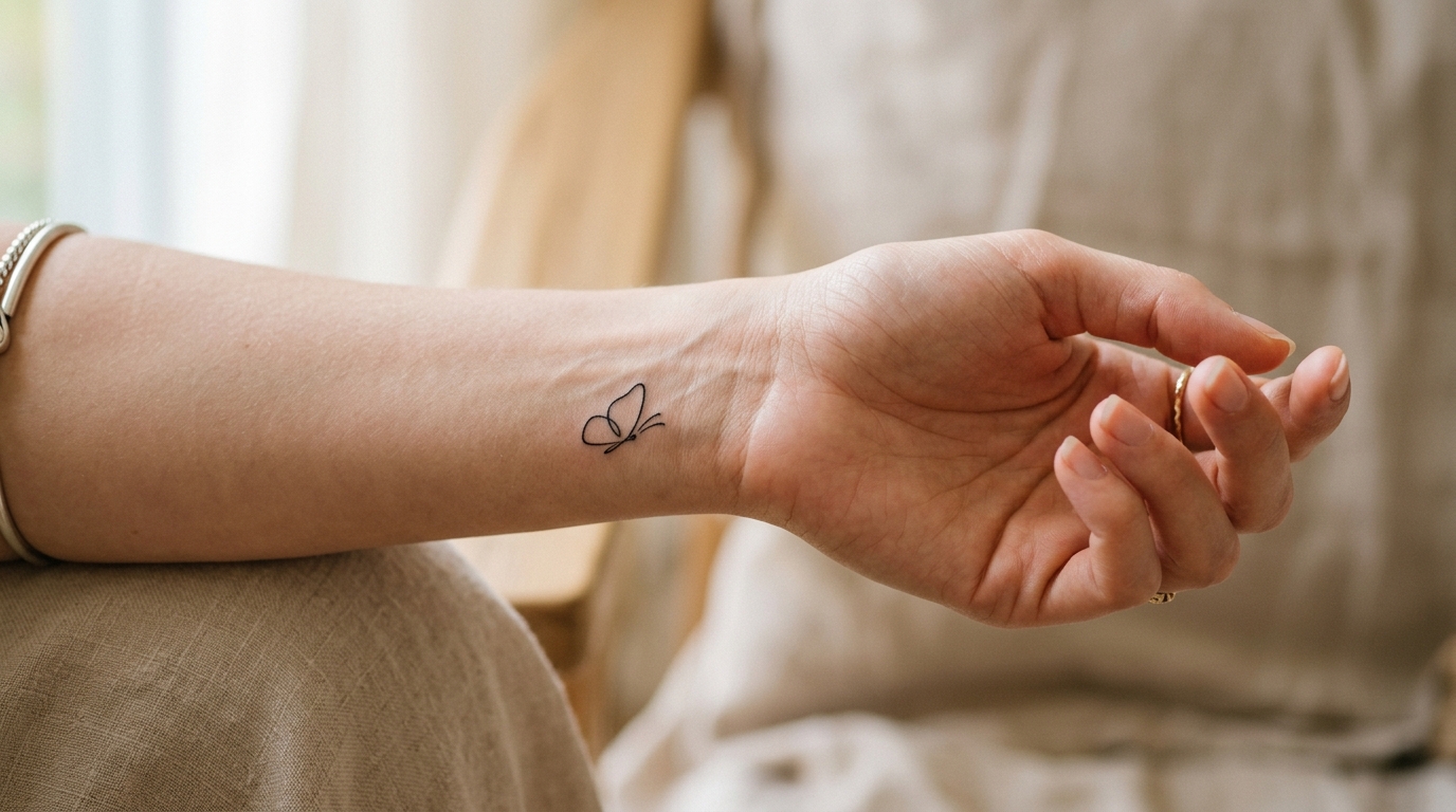 Маленькая минималистичная татуировка бабочки на женском запястье