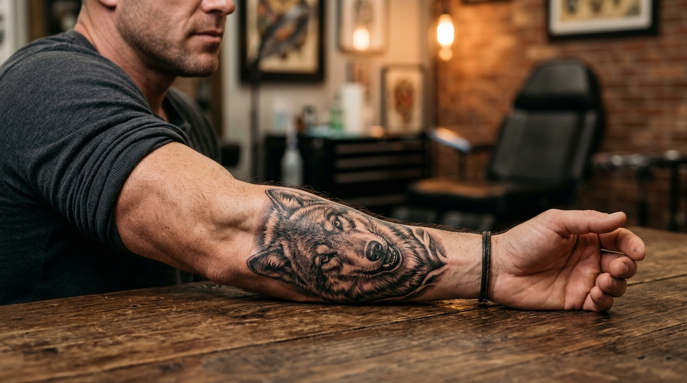 Реалистичная татуировка волка на мужском предплечье в студии