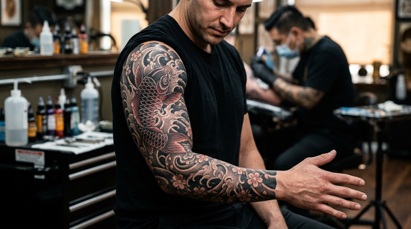 Полный рукав в японском стиле с карпом и вишнёвыми цветами на мужской руке