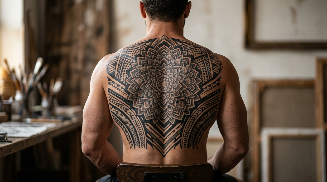 Крупная чёрно-белая татуировка мандала на мужской спине