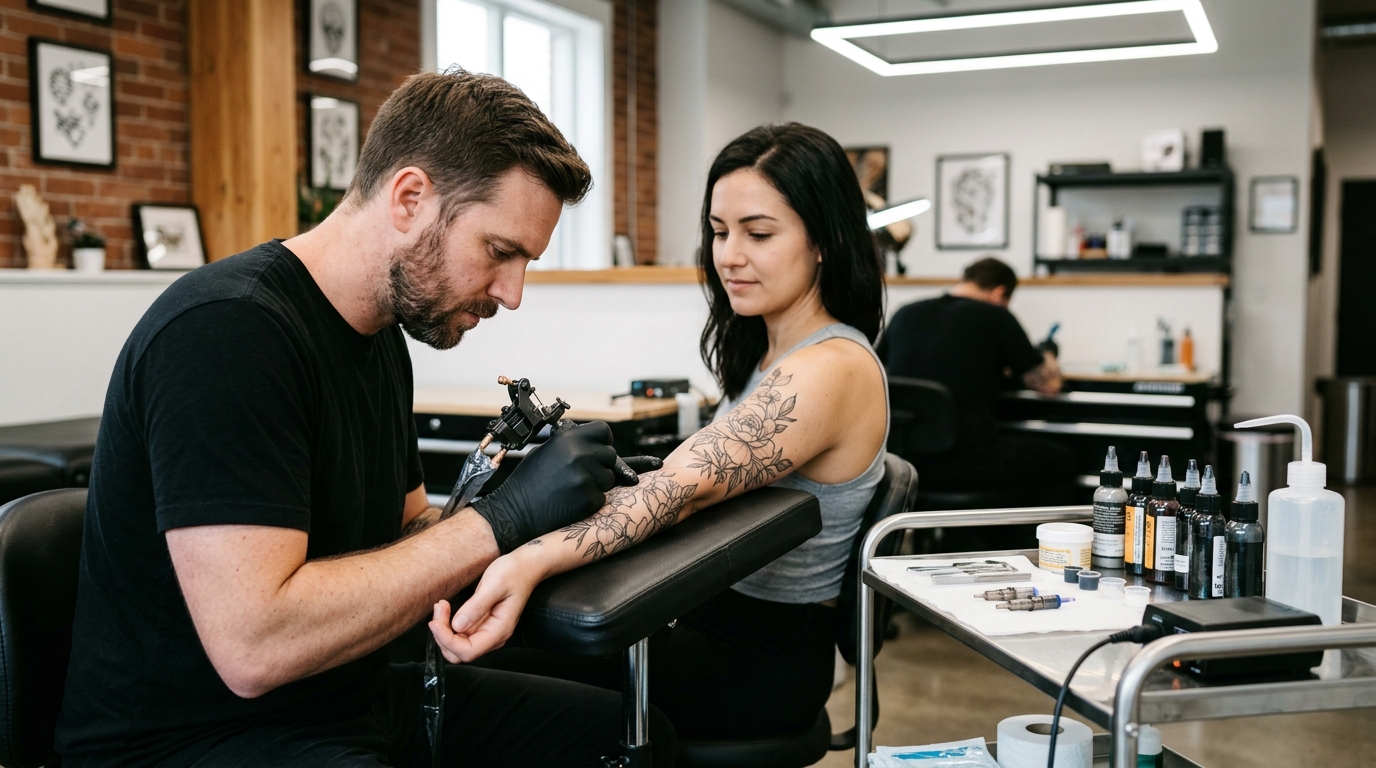 Тату-мастер в процессе работы над татуировкой клиента в профессиональной студии