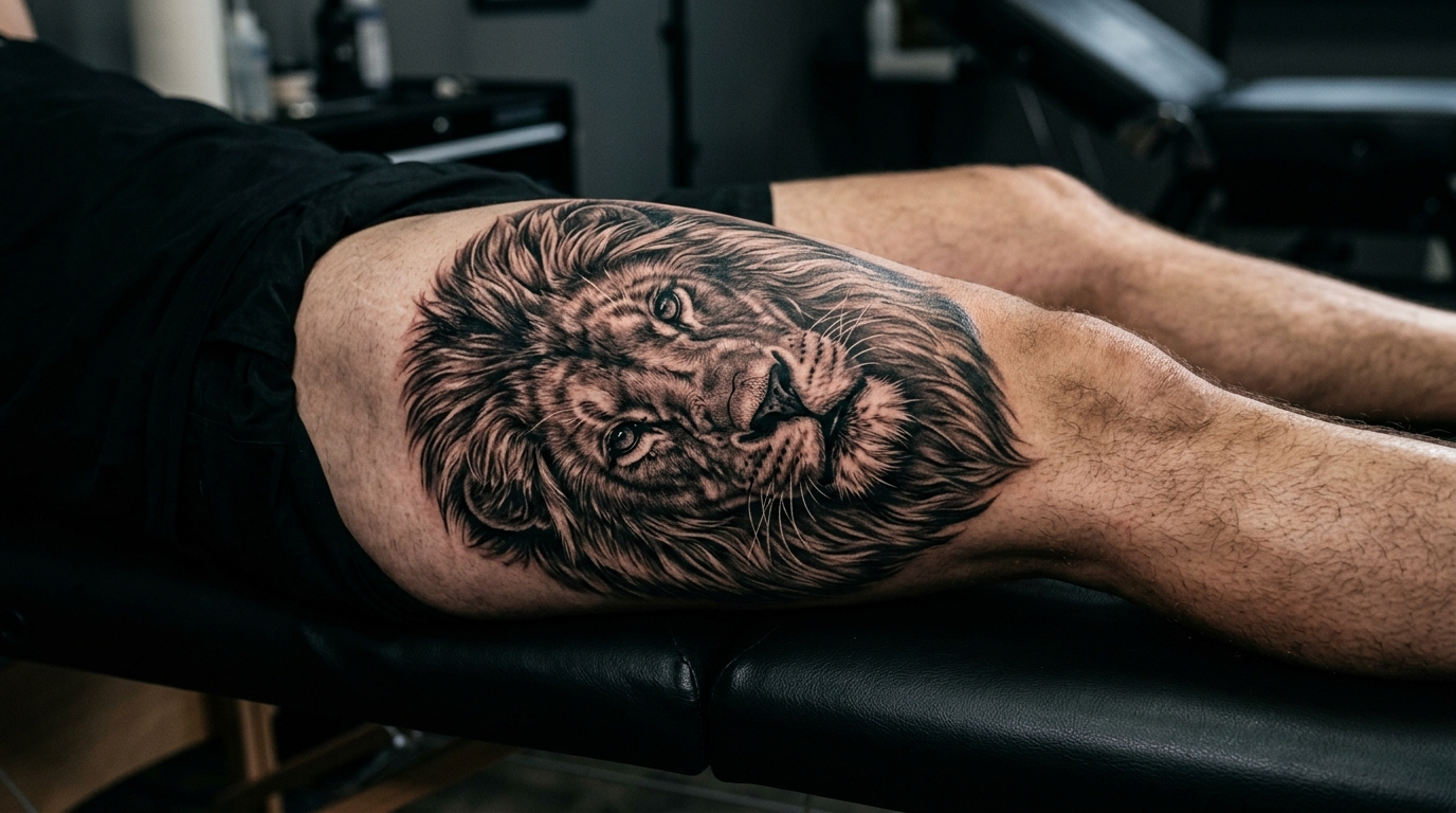 Гиперреалистичный портрет льва в стиле реализма на мужском бедре