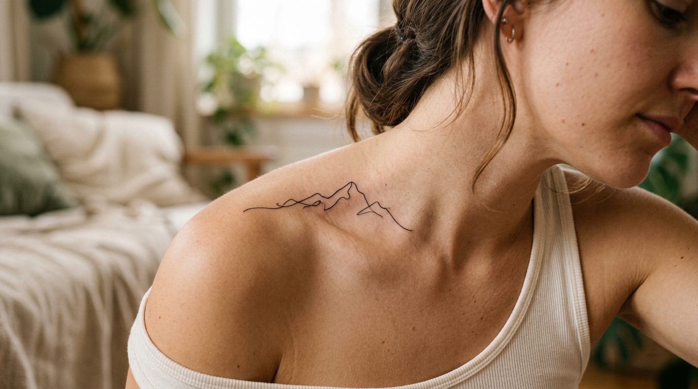 Минималистичная татуировка в стиле лайнворк на женской ключице