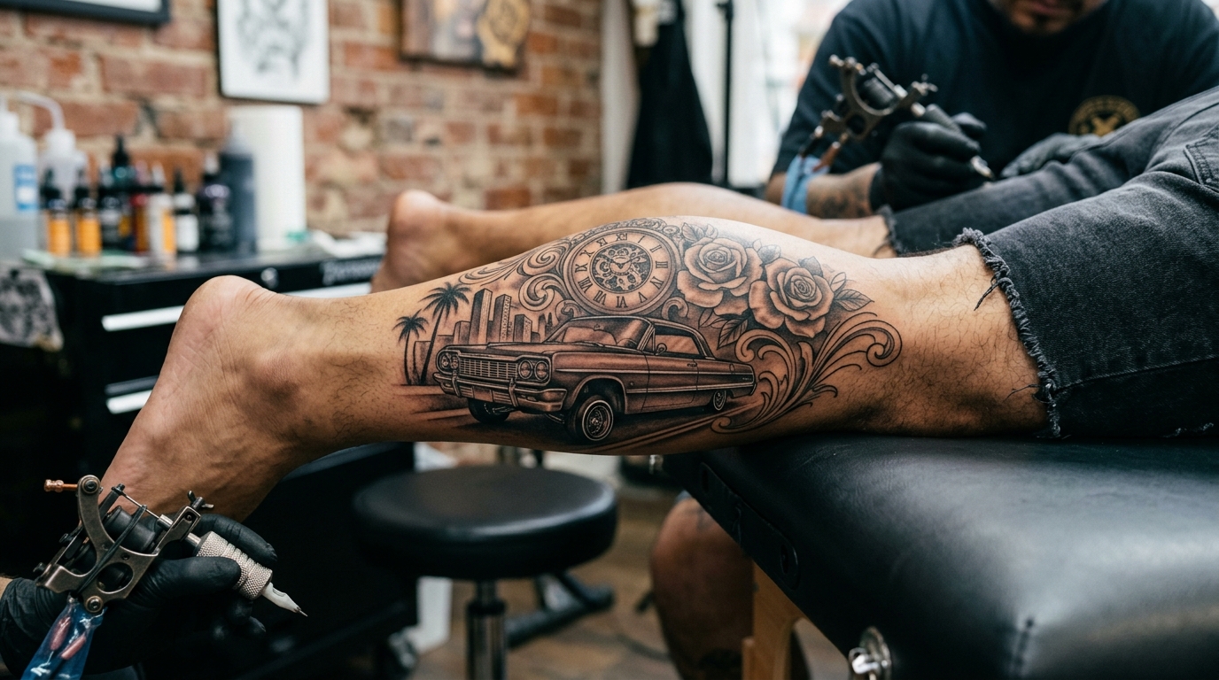 Татуировка в стиле чикано с часами и розой на мужской икре