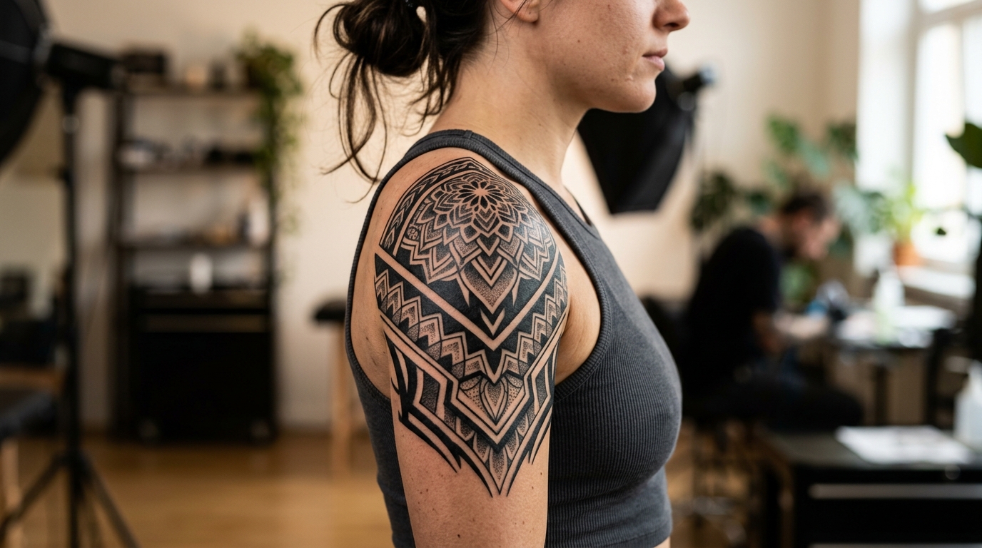 Геометрическая татуировка в стиле блэкворк на женском плече