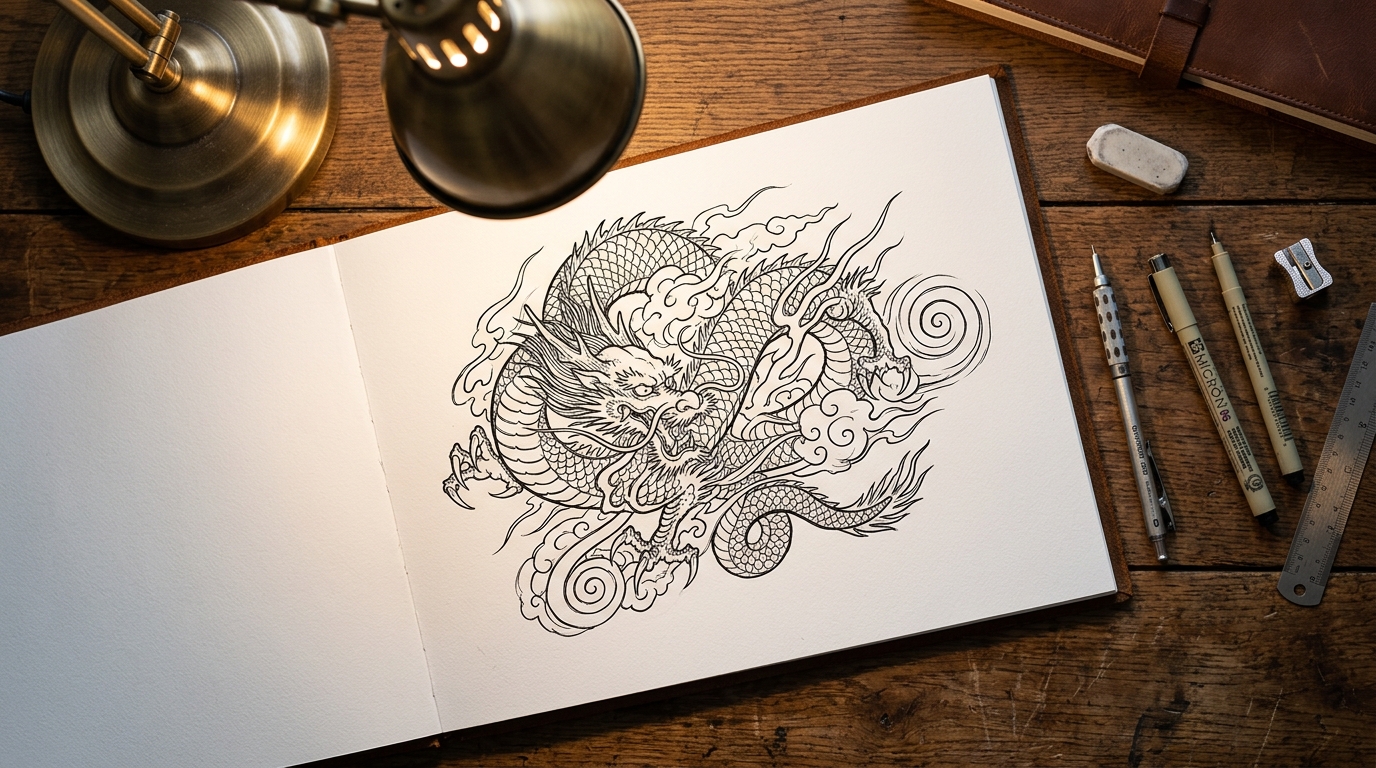 Профессиональный эскиз тату на бумаге в блокноте, рядом карандаши и маркеры