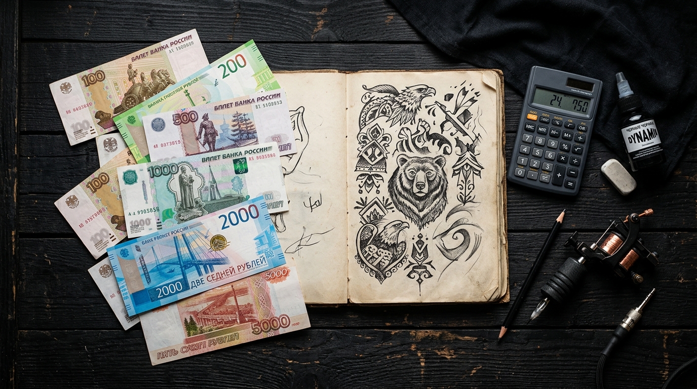 Расчёт стоимости татуировки: купюры, калькулятор и эскиз на столе