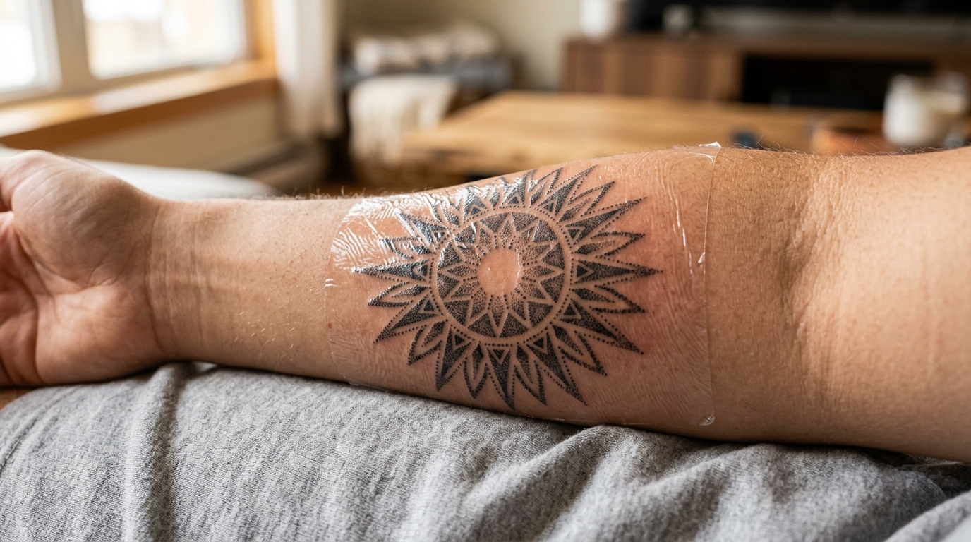 Заживающая татуировка под защитной плёнкой на предплечье