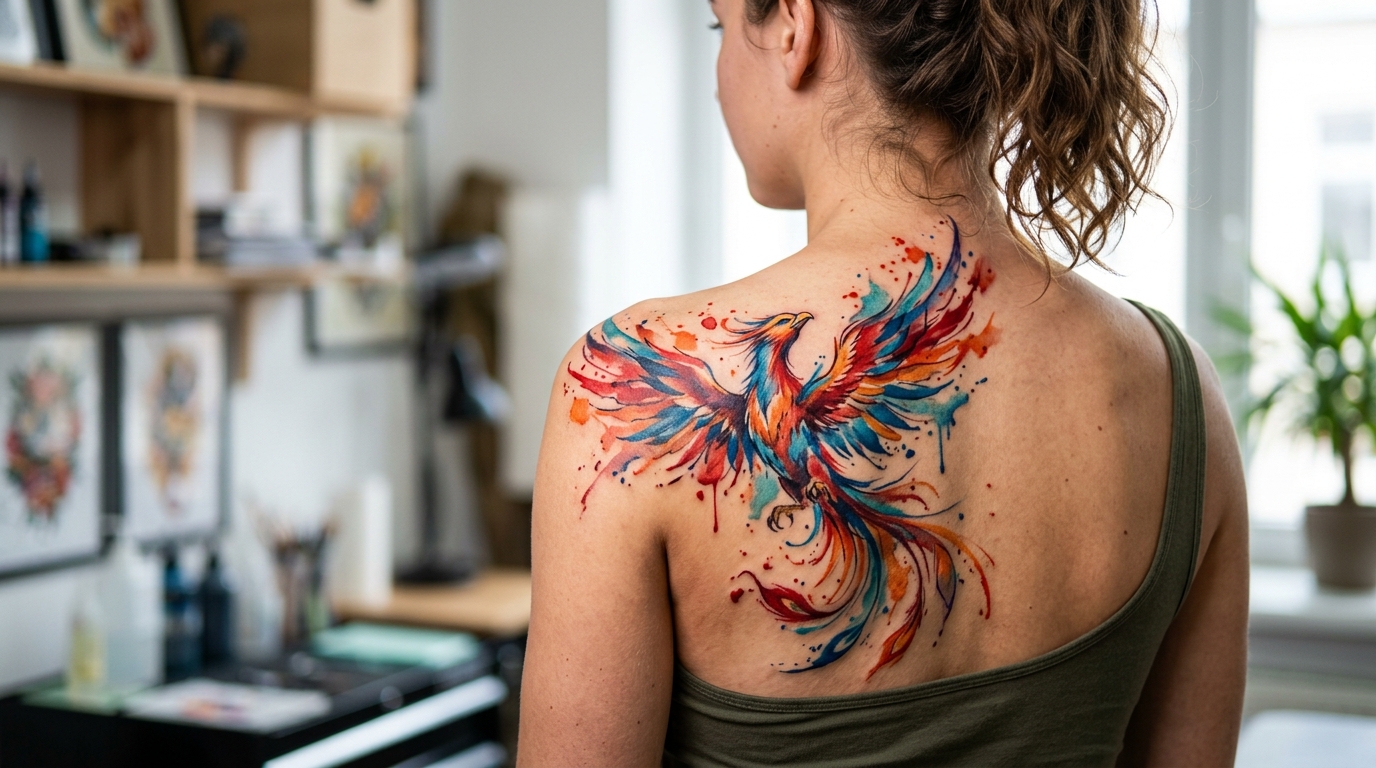 Татуировка в акварельном стиле с фениксом и яркими всплесками краски