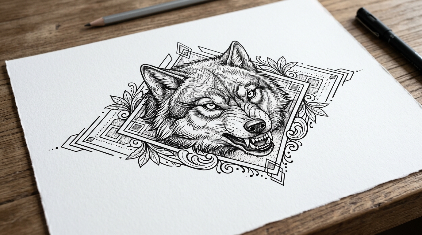 Эскиз тату волк в неотрадишнл стиле с геометрическим обрамлением