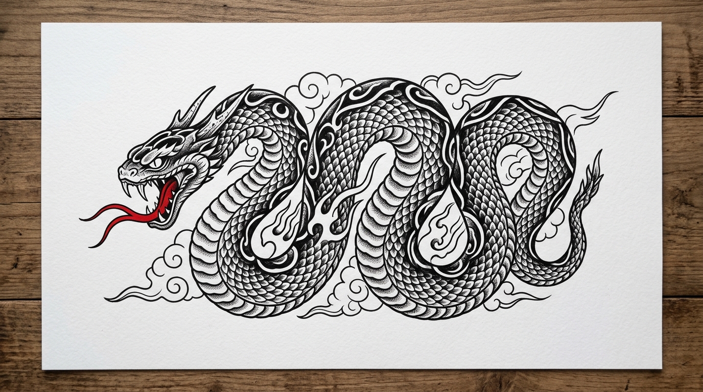 Эскиз тату змея в традиционном стиле, чёрный контур с красным языком