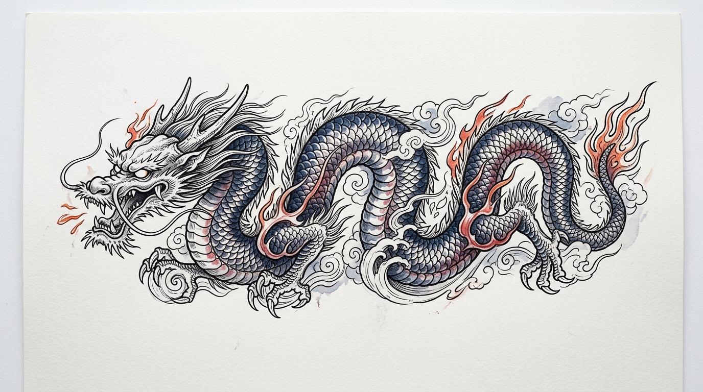 Эскиз тату дракон в японском стиле ирезуми с пламенем