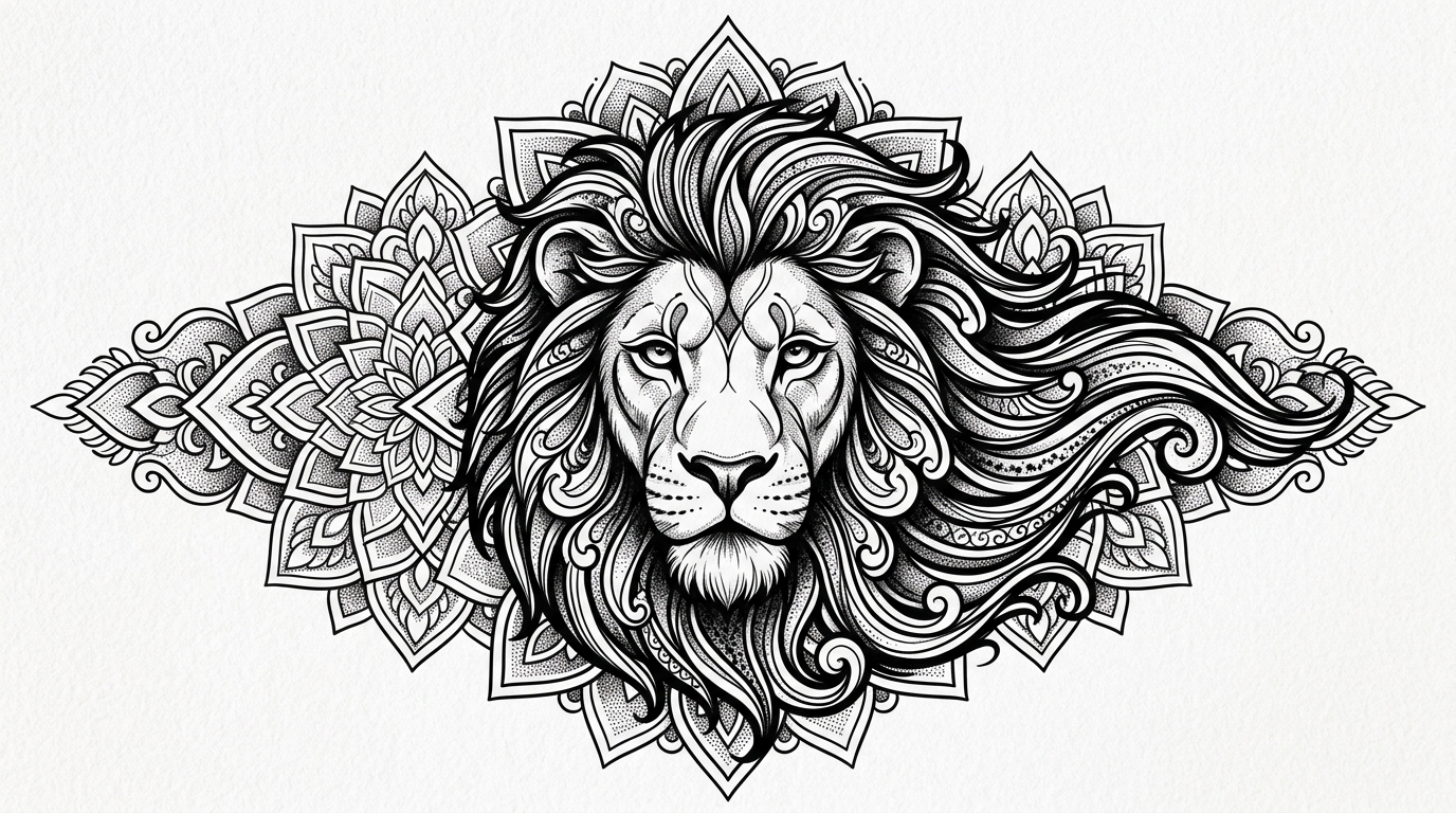 Эскиз тату лев с мандалой, блэкворк