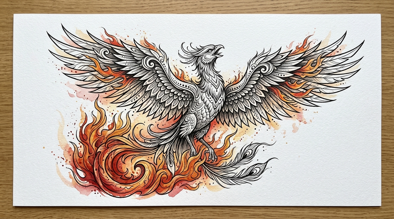 Эскиз тату феникс восстающий из пламени, неотрадишнл стиль