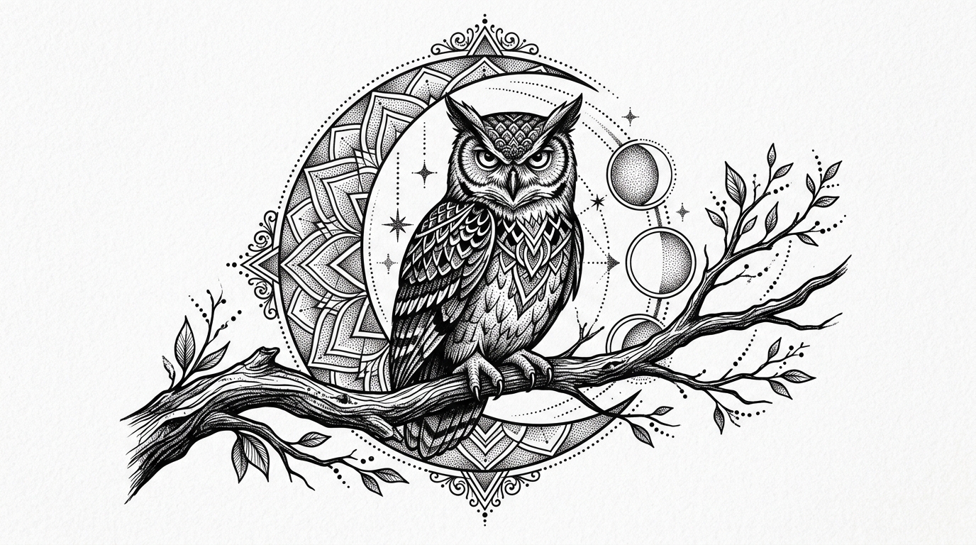 Эскиз тату сова с мандалой и геометрией