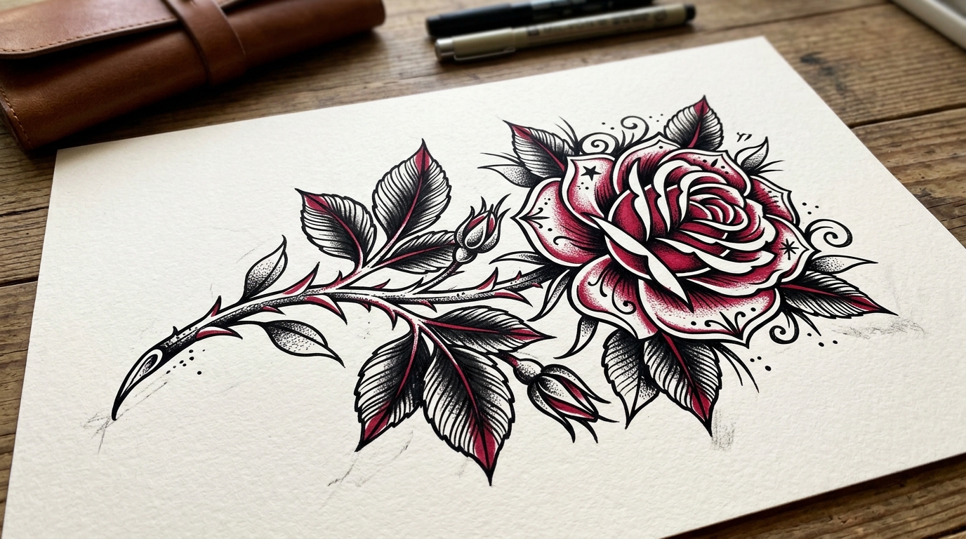 Эскиз тату роза в традиционном стиле old school