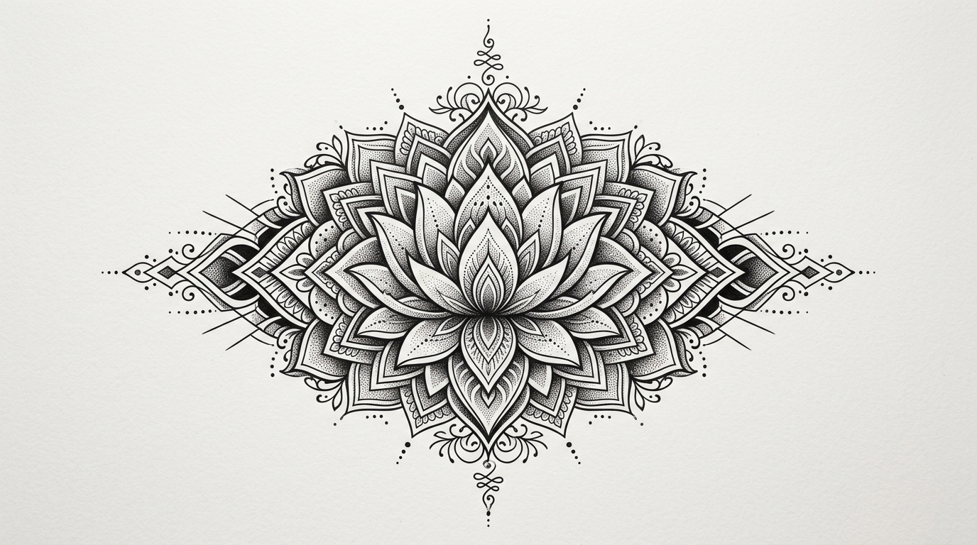 Эскиз тату лотос с геометрической мандалой, блэкворк
