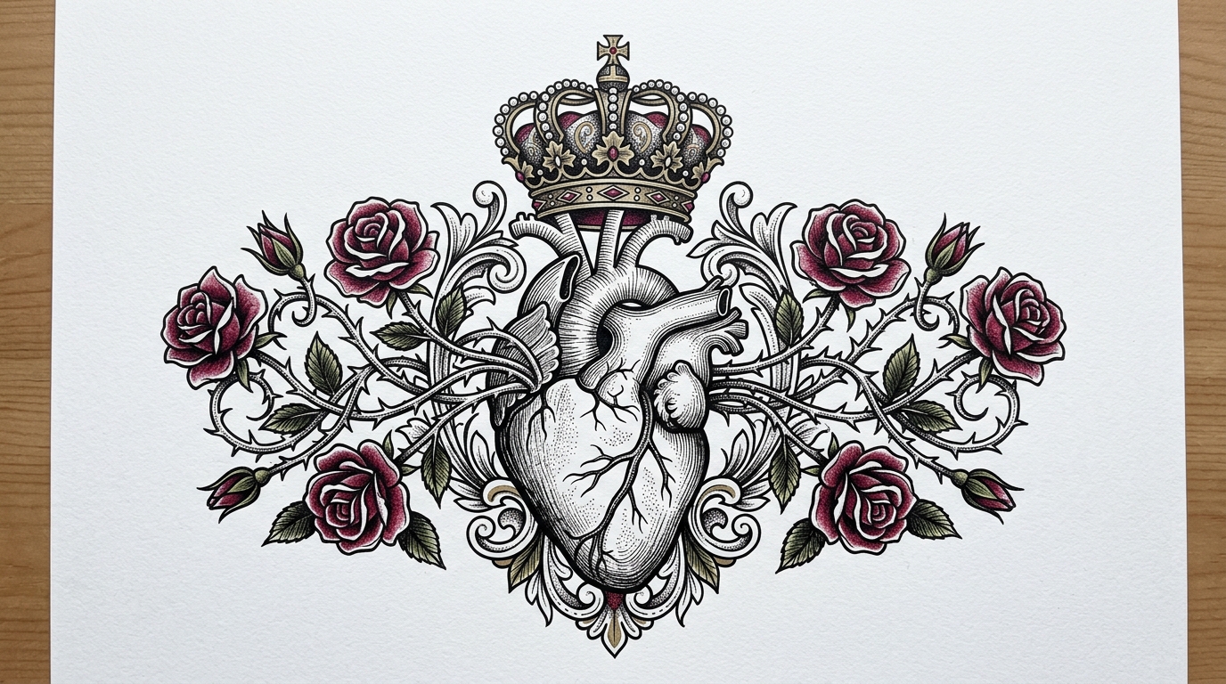 Эскиз тату анатомическое сердце с розами и короной