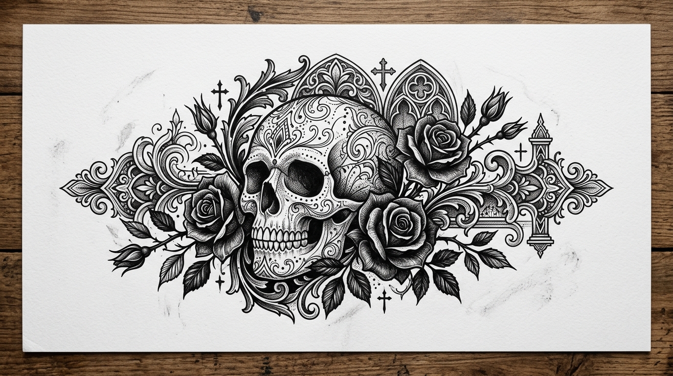 Эскиз тату череп в блэкворк стиле с готическими элементами