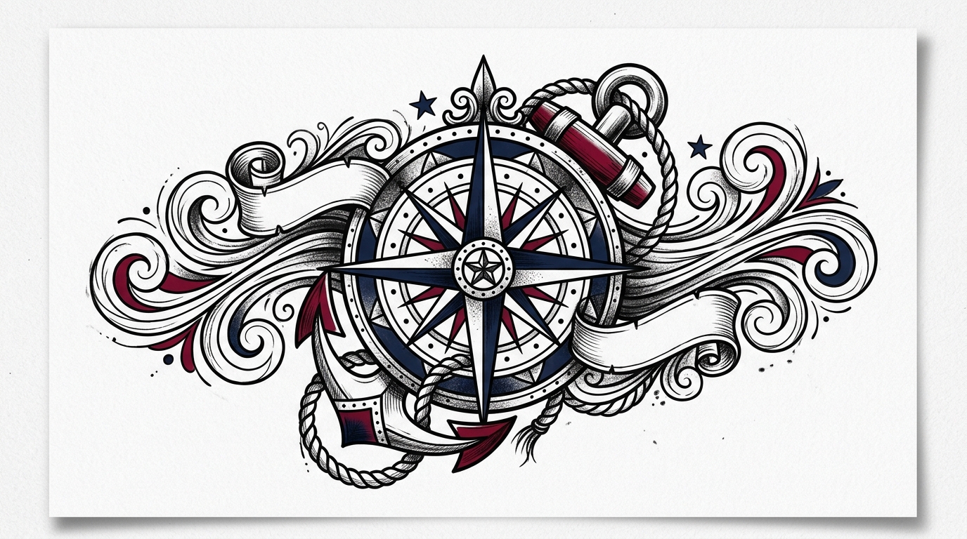 Эскиз тату компас с якорем в стиле old school