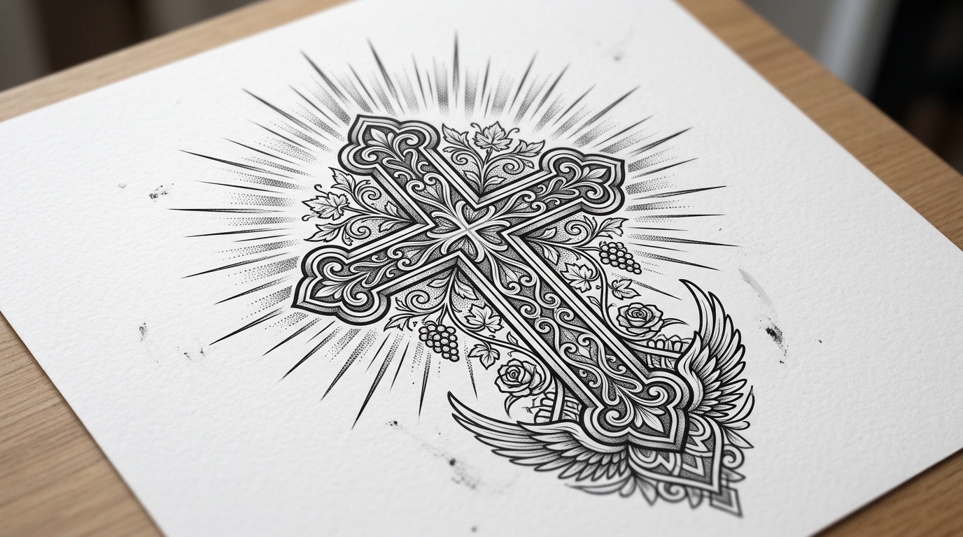 Эскиз тату крест с декоративной орнаментикой и лучами
