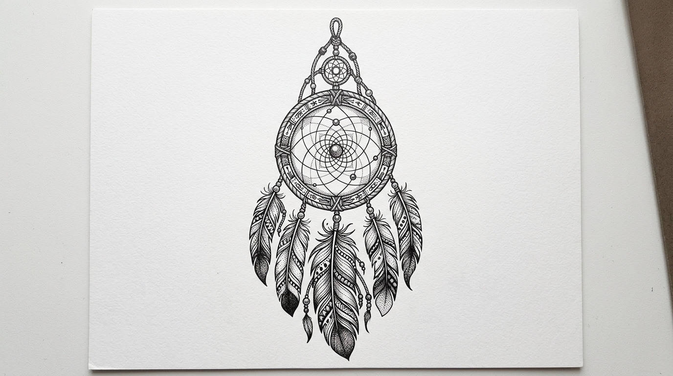 Эскиз тату ловец снов с перьями и бусинами
