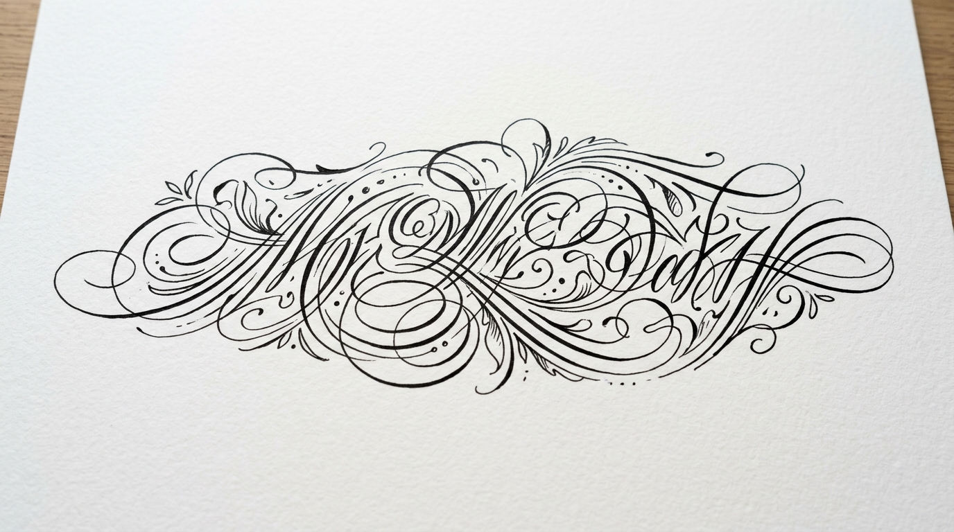 Эскиз тату надпись каллиграфия с декоративными росчерками
