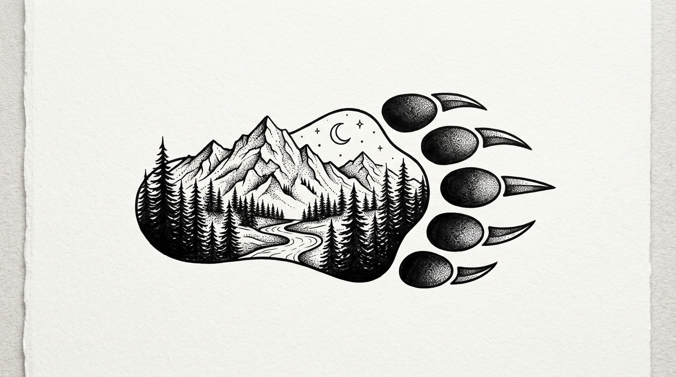 Эскиз тату медведь в блэкворк стиле с лесом и горами