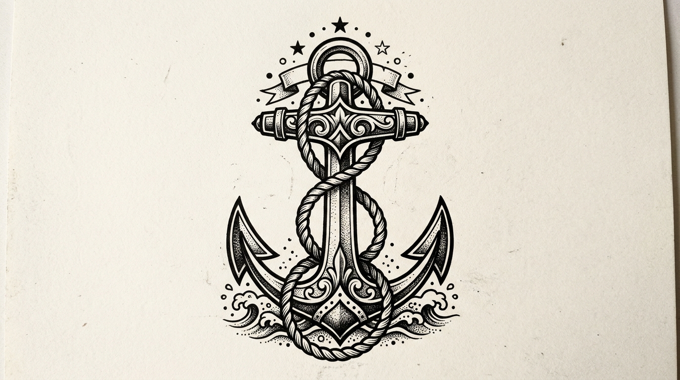 Эскиз тату якорь с канатом в традиционном моряцком стиле