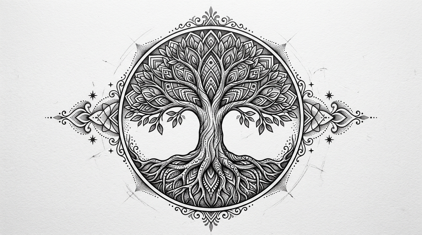 Эскиз тату древо жизни с корнями и ветвями в круге