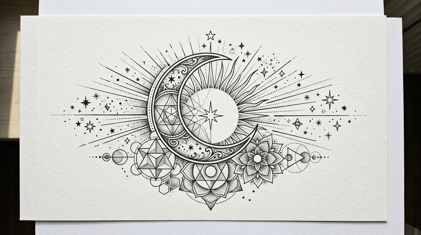 Эскиз тату луна и солнце с сакральной геометрией