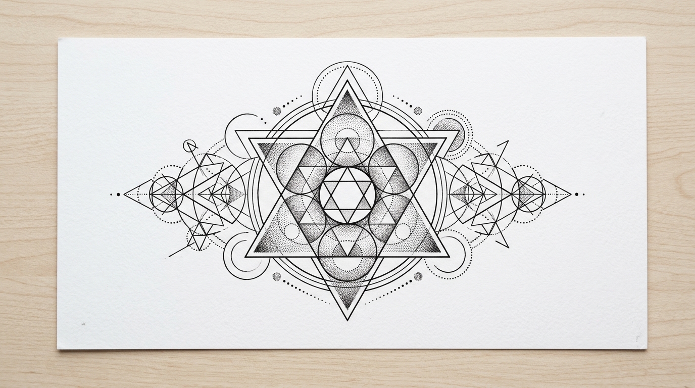 Эскиз тату сакральная геометрия с треугольниками и кругами в дотворке