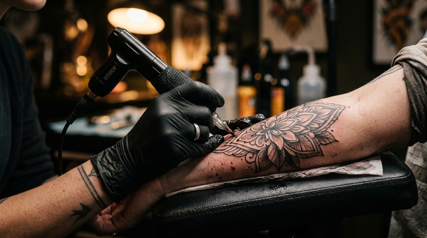 Тату-мастер наносит эскиз мандалы на предплечье клиента