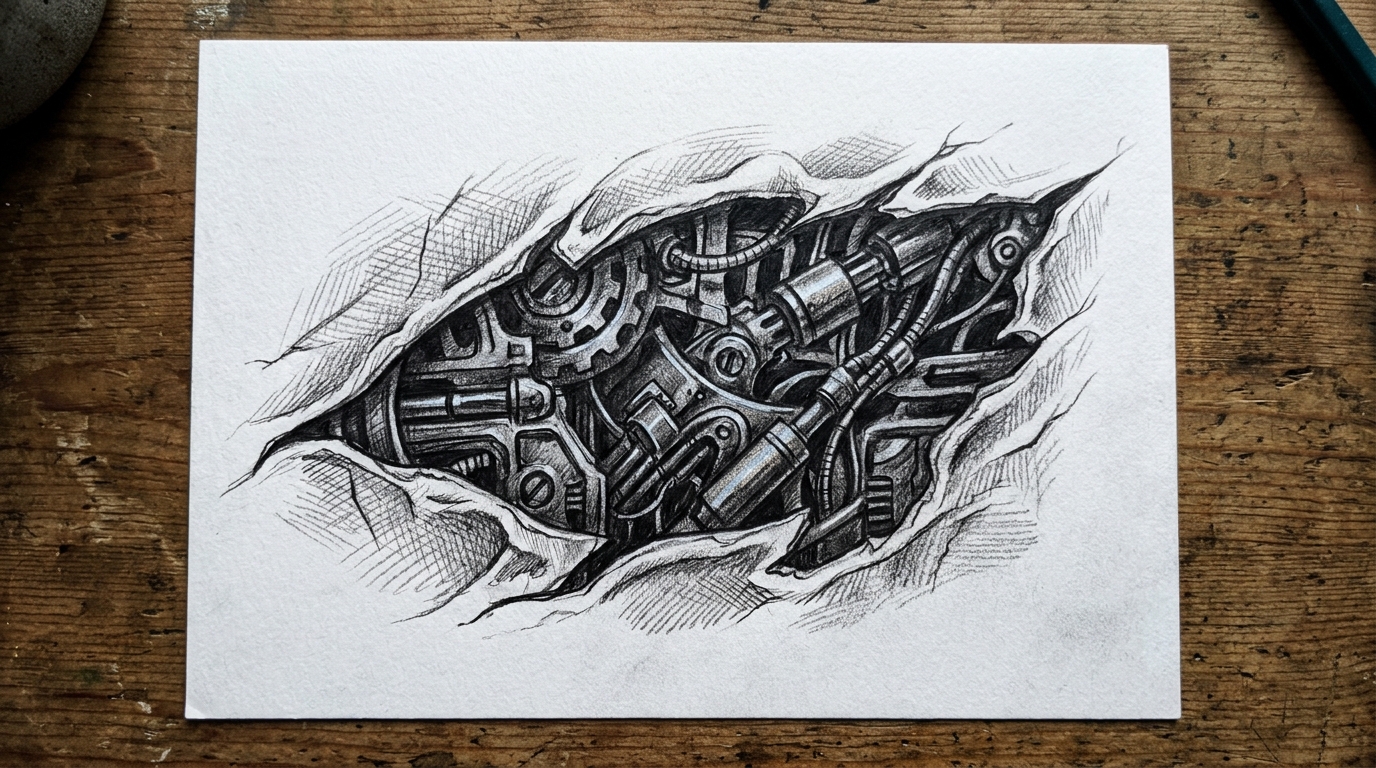 Эскиз тату в стиле биомеханика — кожа разорвана, под ней шестерёнки и поршни