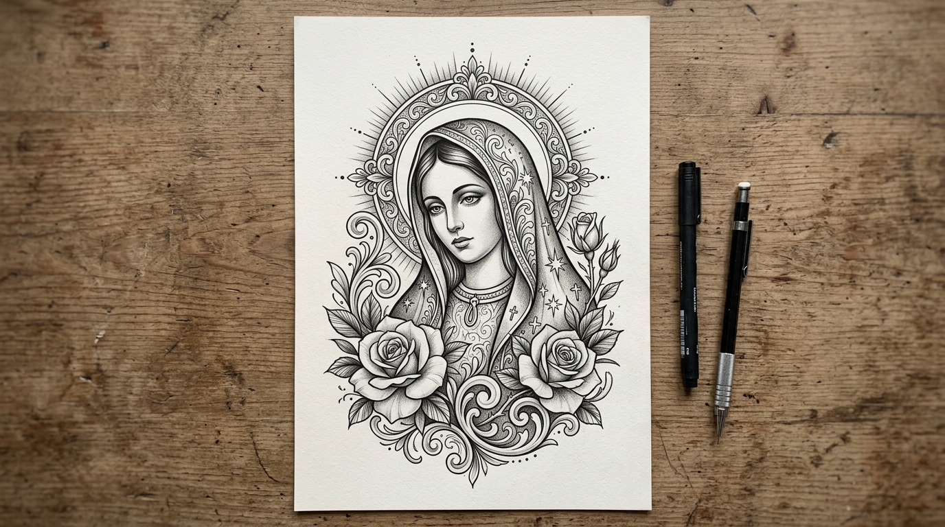 Эскиз тату в стиле чикано — портрет мадонны с розой в чёрно-серой гамме
