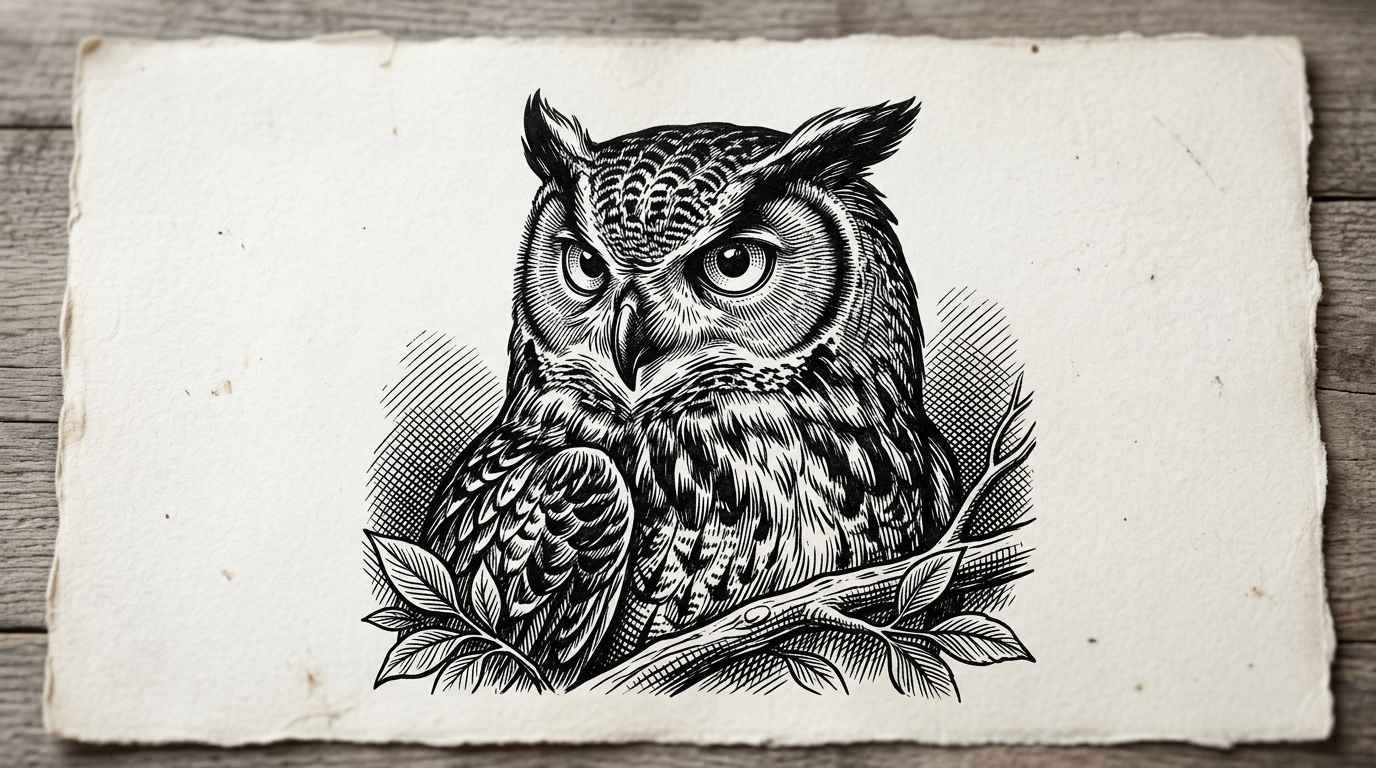 Эскиз тату в стиле гравюра — сова в технике старинной гравюры
