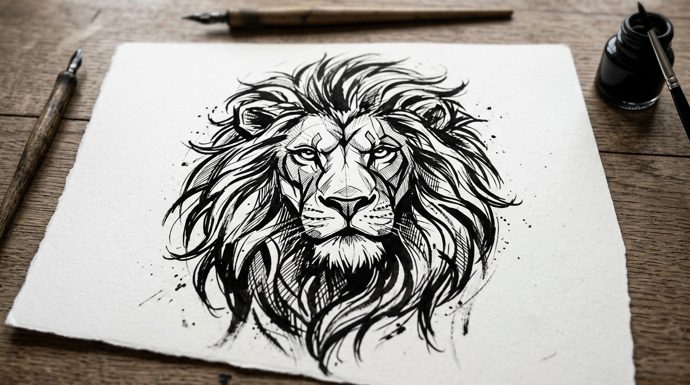 Эскиз тату в стиле графика — графический портрет льва